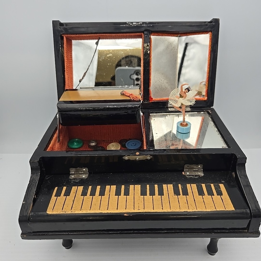 Vintage Toyo Japanese Piano Wind Up Music Box Black Lacquer Ballerina Japan
